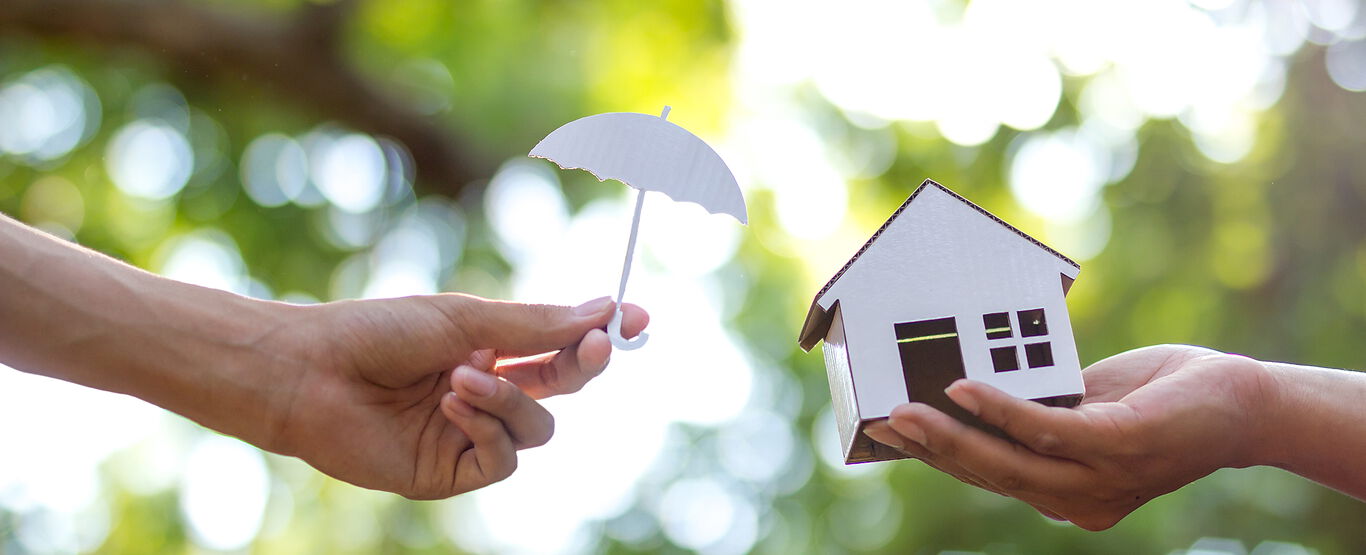 Symbolbild_Hand-reicht-einer-anderen-mit-Haus-in-der-Hand-einen-Schirm-vor-sommerlich-unscharfem-Hintergrund